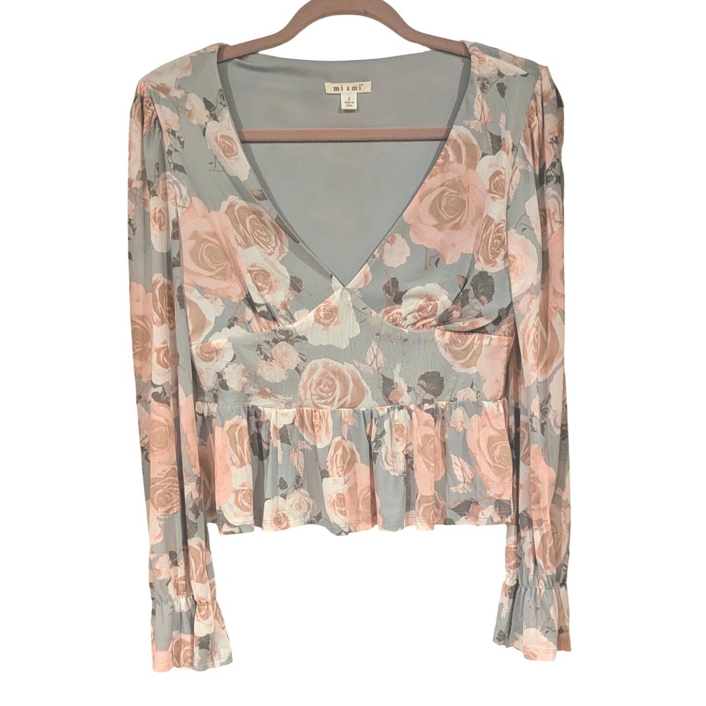 Floral Mesh Long Sleeve Peplum Top Pink Grey V-Neck S Y2K Fairy Cottage Style‎